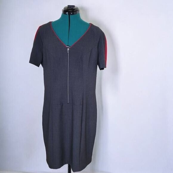 Marc New York by Andrew Marc Gray Pencil Dress, Red Striped Shoulders - Size 14 - Picture 1 of 10
